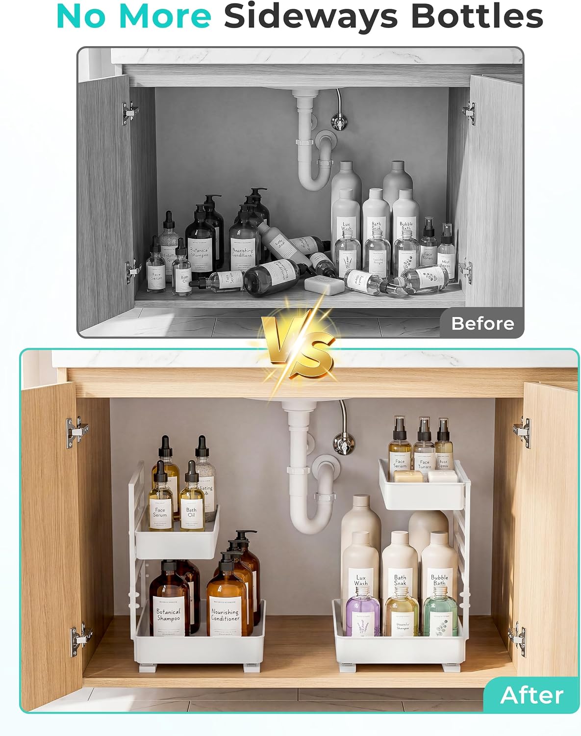 EVERIE Height Adjustable 2 Tier Metal Pull Out Slide Shelf Organizer for Under Sink Cabinets in Kitchen, Bathroom, with Snap-on Top Tray, 16" Deep (Black, 2 Sets) | Pull Out