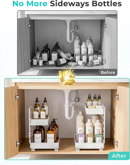 EVERIE Height Adjustable 2 Tier Metal Pull Out Slide Shelf Organizer for Under Sink Cabinets in Kitchen, Bathroom, with Snap-on Top Tray, 16" Deep (Black, 2 Sets) | Pull Out
