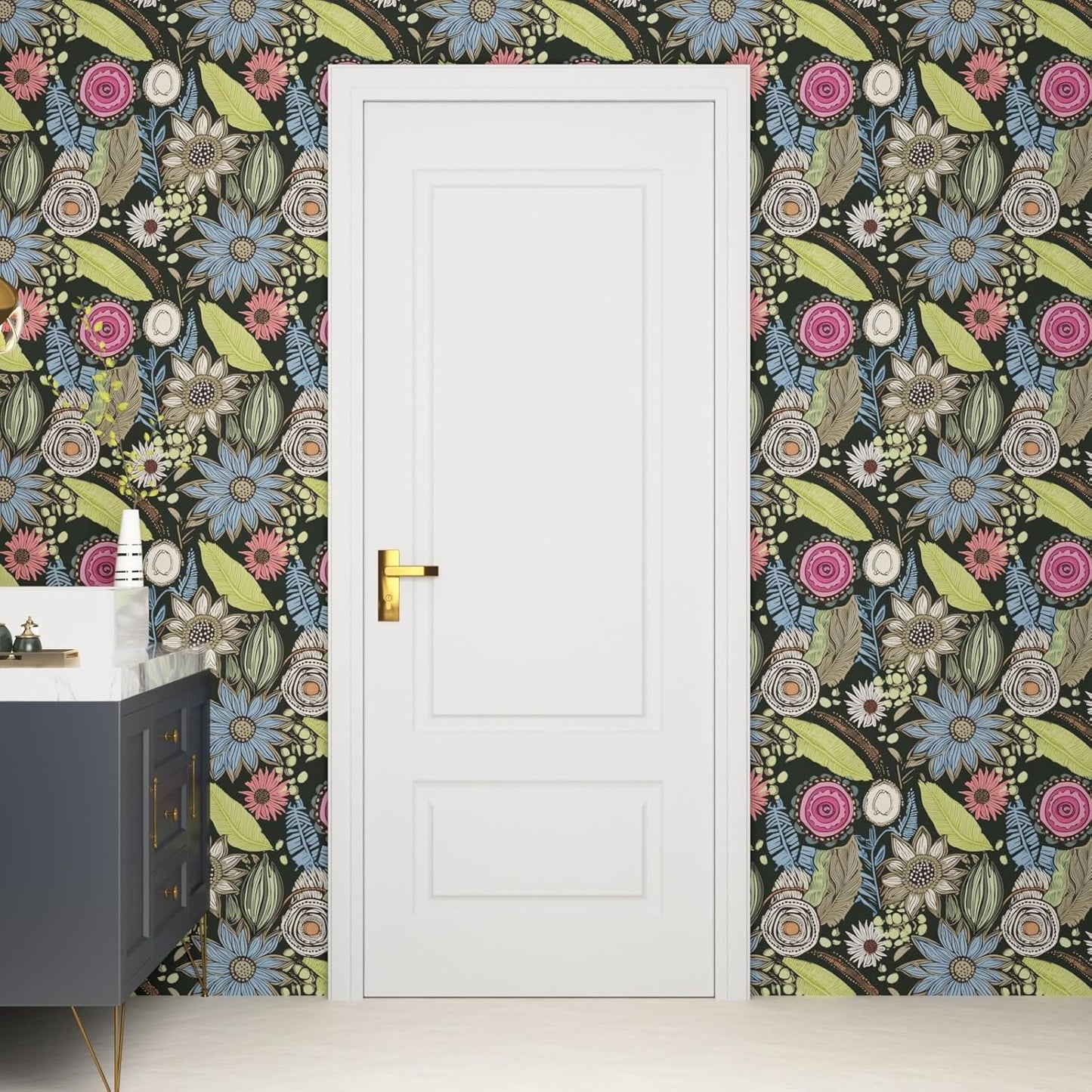 Blue Wallpaper Peel and Stick,Vintage Boho Floral Contact Paper 17.5" x 118", Retro Botanical Flower Wall Paper Self Adhesive Removable Waterproof for Walls Shelves Cabinet Table (Blue,Yellow, Green)