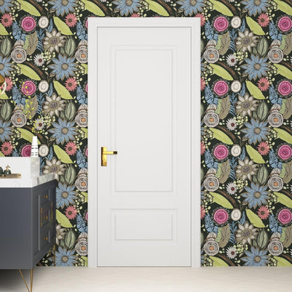 Blue Wallpaper Peel and Stick,Vintage Boho Floral Contact Paper 17.5" x 118", Retro Botanical Flower Wall Paper Self Adhesive Removable Waterproof for Walls Shelves Cabinet Table (Blue,Yellow, Green)
