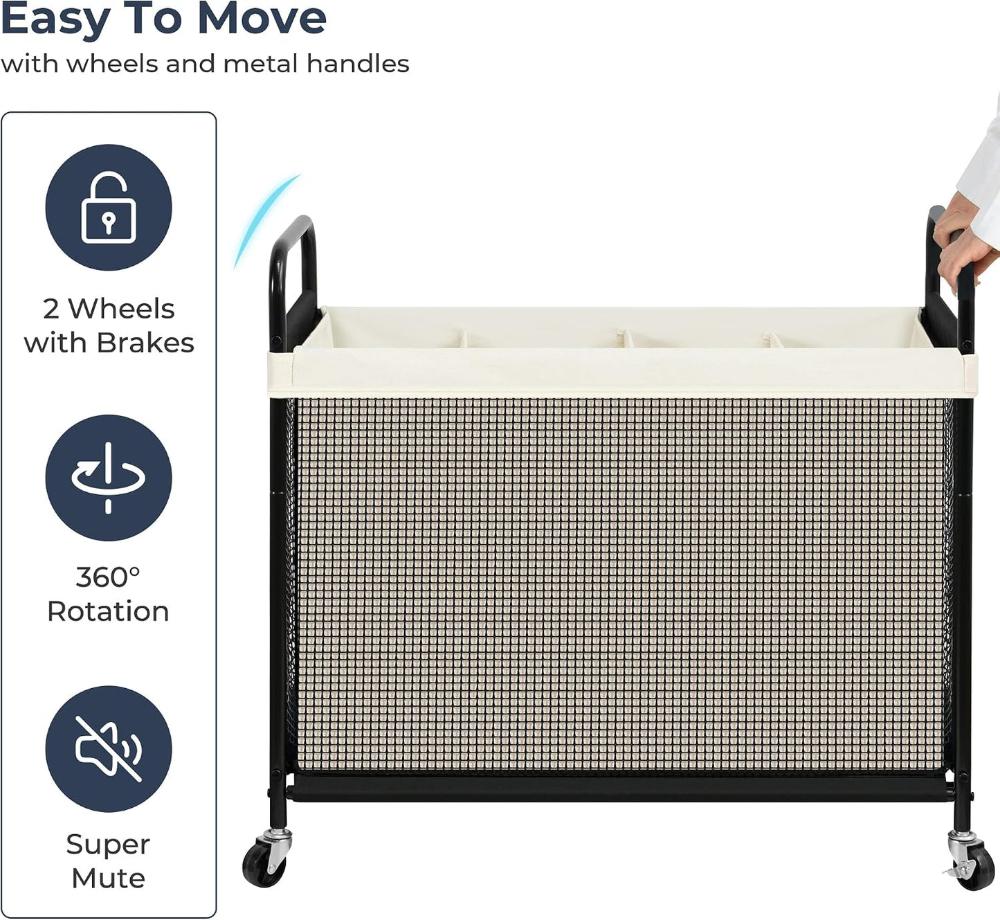 STO STO Laundry Hamper 3 Section, 120L Rolling Laundry Sorter Cart with Removable and Washable Liner Bag, Clothes Hamper with Wheels and Metal Handle for Laundry Room and Bedroom