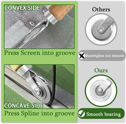 King&Charles 3 in 1 Screen Repair Kit, Bearing Steel Screen Roller Tool with 0.14 in x 32 ft Spline and Removal Hook for Window Screens, Screen Doors, Patio and RV Mesh Replacement