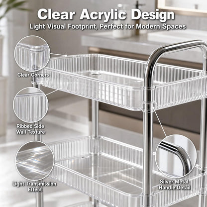 3 Tier Rolling Cart with Lockable Wheels, Clear Acrylic Slim Utility Cart, 13" x 8.3" x 26" Narrow Storage Organizer for Bathroom, Kitchen, Office - Lightweight & Tool-Free Assembly (Clear)