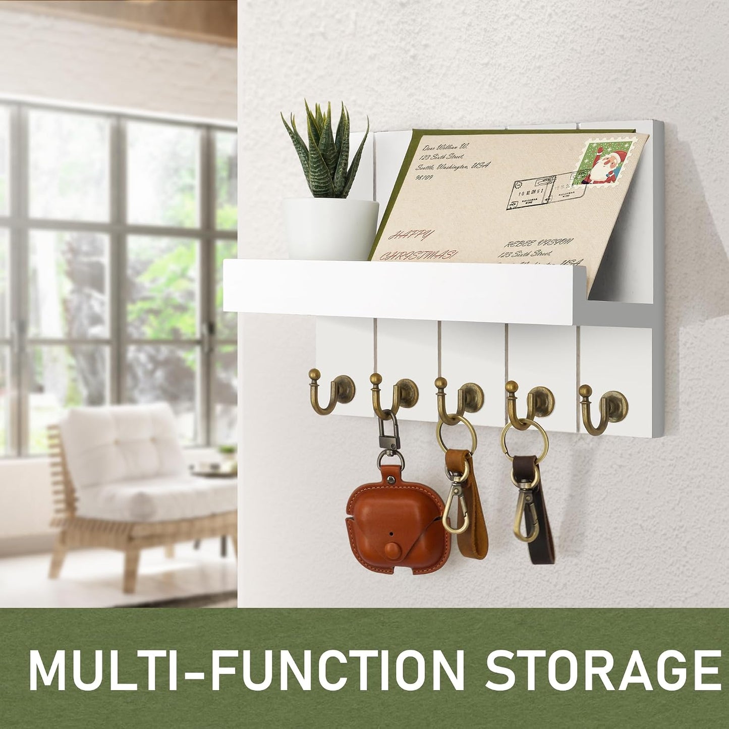 Rebee Vision Decorative Key Holder Wall Mount - Rustic Key Holder for Wall with Shelf and Mail Organizer for Living Room Decor - Home Essentials for Home Improvement (Brown, 3.54" x 10" x 7.28")