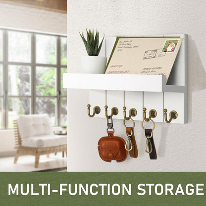 Rebee Vision Decorative Key Holder Wall Mount - Rustic Key Holder for Wall with Shelf and Mail Organizer for Living Room Decor - Home Essentials for Home Improvement (Brown, 3.54" x 10" x 7.28")