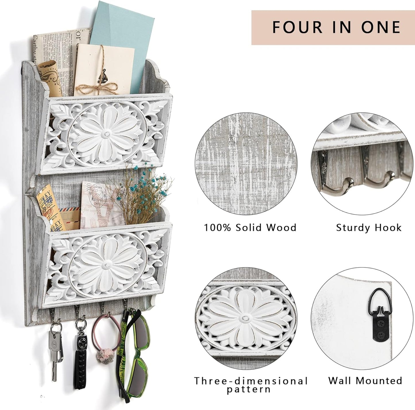 Mail Organizer Wall Mounted, 2 Slots Key Holder for Wall with 8 Hooks, Rustic Wood Key Rack with Shelf for Entryway Hallwall Farmhouse