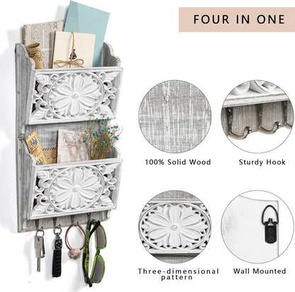 Mail Organizer Wall Mounted, 2 Slots Key Holder for Wall with 8 Hooks, Rustic Wood Key Rack with Shelf for Entryway Hallwall Farmhouse