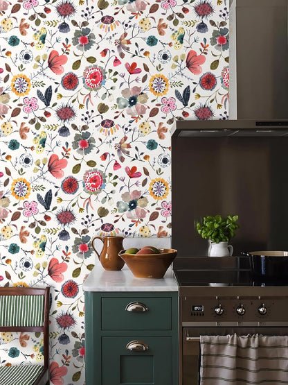 Wallpaper Peel and Stick Floral Wall Paper Removable Waterproof Gray/Yellow/Blue Contact Paper for Bedroom, Bathroom, Home Wall 17.3" x 118"