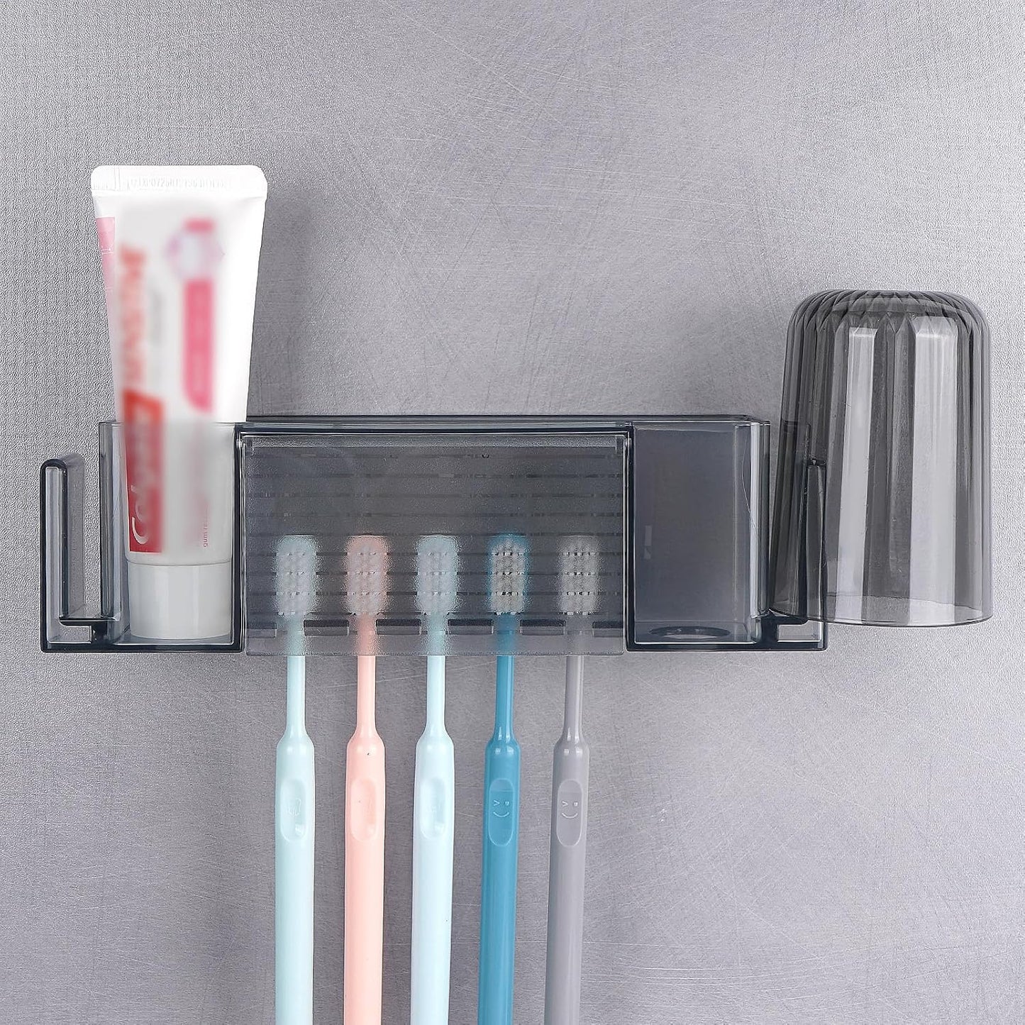 5 Slots Wall Mount Toothbrush Holder with Cover, Self Adhesive Toothbrush Storage Organizer for Shower, Toothpaste & Toothbrush Hanger for Bathroom, Medicine Cabinet, Dorm (Gray Large)