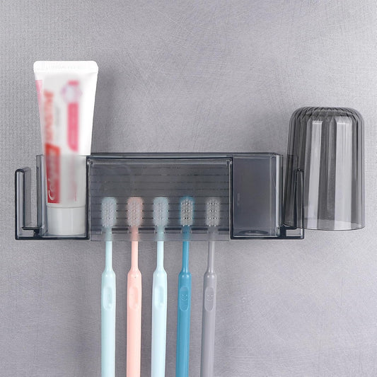 5 Slots Wall Mount Toothbrush Holder with Cover, Self Adhesive Toothbrush Storage Organizer for Shower, Toothpaste & Toothbrush Hanger for Bathroom, Medicine Cabinet, Dorm (Gray Large)