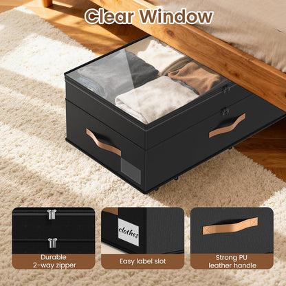 Under Bed Storage with Wheels, 2-Pack Underbed Storage Containers, No Assemble 11 inches 90L XXL Large Adjustable Storage Bins with Clear Lids, Rolling Storage for Clothes, Shoes, Blankets, Gray