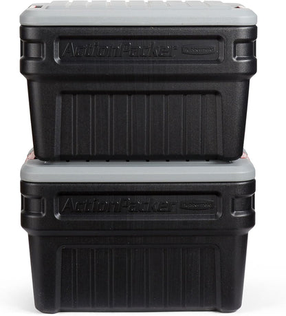 Rubbermaid ActionPacker 35 Gallon, Made in USA, Lockable Plastic Storage Bin with Lid and Wheels- Outdoor, Industrial, Rugged, Camping Gear and Truck Bed Storage - Gray and Black