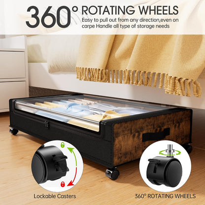 Yecaye Under Bed Storage with Wheels, 2 Pack Under Bed Storage Containers, 60L Underbed Shoe Storage with Clear Window & Label, Rolling Under Bed Metal Drawer for Clothes, Shoes, Books, Blankets