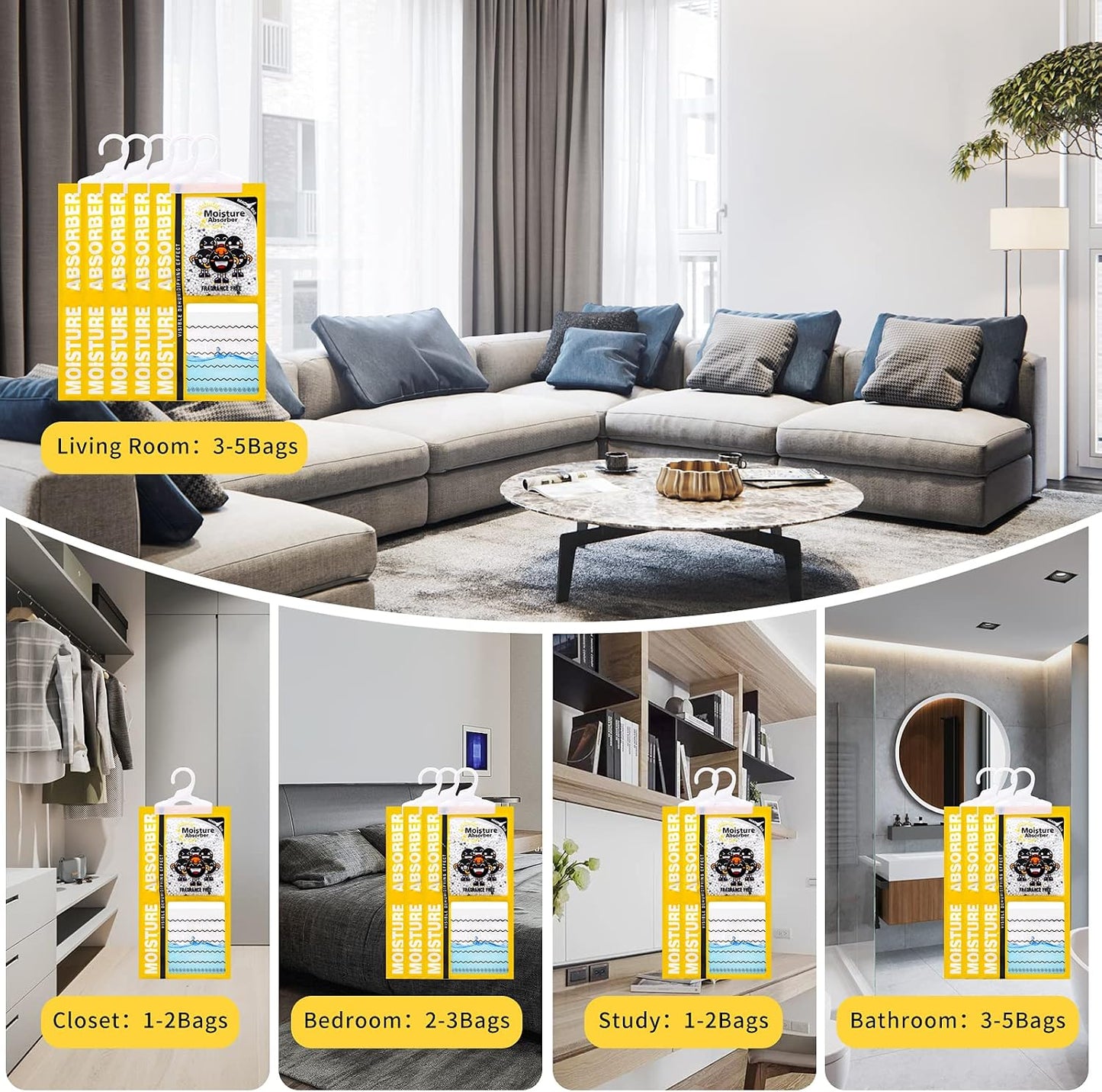 ZSZMFH 15 Pack Moisture Absorber & Max Odor Eliminator Hanging Bag, Charcoal Smell Remove Damp Musty Smell,Hanging Closet Dehumidifier Bags with 25g of Activated Charcoal (220g/pack) Yellow