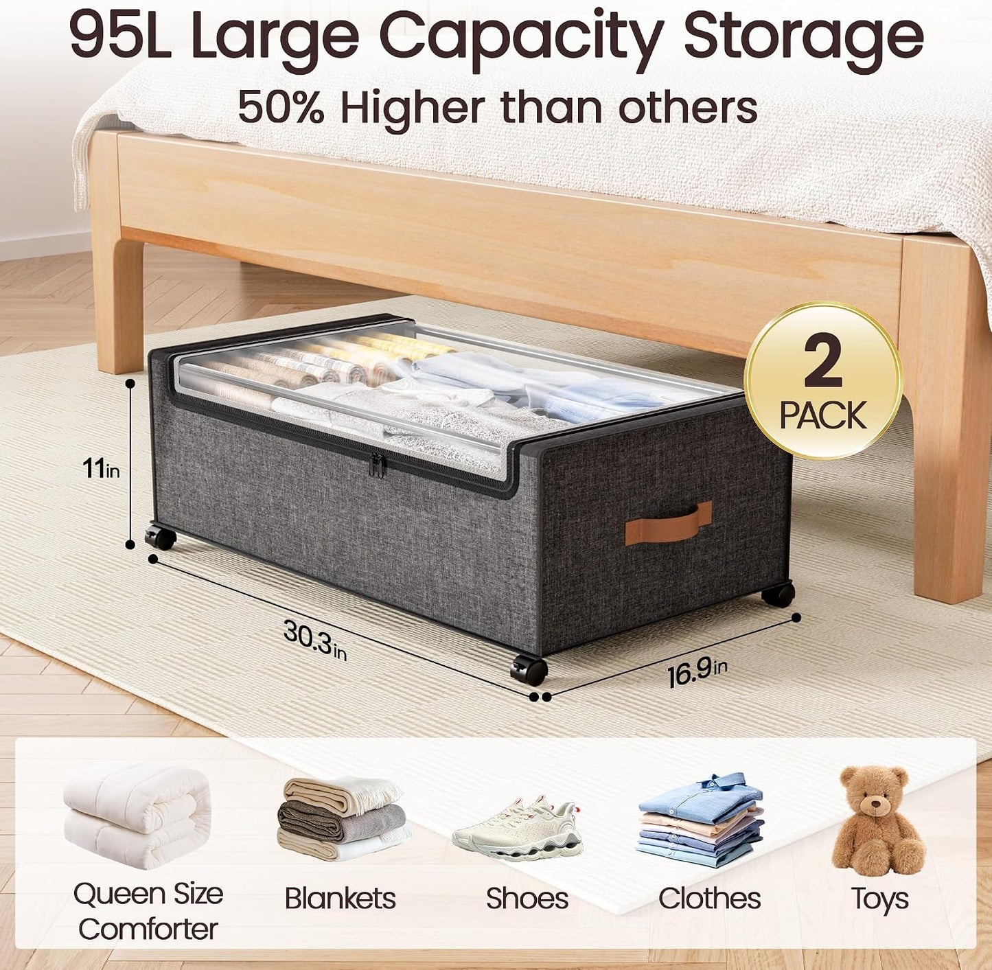 Yecaye Under Bed Storage with Wheels, 2 Pack Under Bed Storage Containers, 60L Underbed Shoe Storage with Clear Window & Label, Rolling Under Bed Metal Drawer for Clothes, Shoes, Books, Blankets