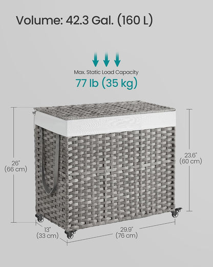 SONGMICS Laundry Hamper with Lid, 37 Gallons (140 L), Rolling Laundry Basket with Wheels, 3-Section Synthetic Rattan, Removable Liner, Bedroom, 26 x 13 x 26 Inches, Gray ULCB363G01