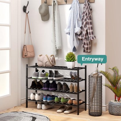 viewcare 3-Tier Black Bamboo Shoe Rack for Entryway, Stackable | Foldable | Natural, Shoe Shelf Storage Organizer for Hallway Closet, Free Standing Shoe Racks for Indoor Outdoor