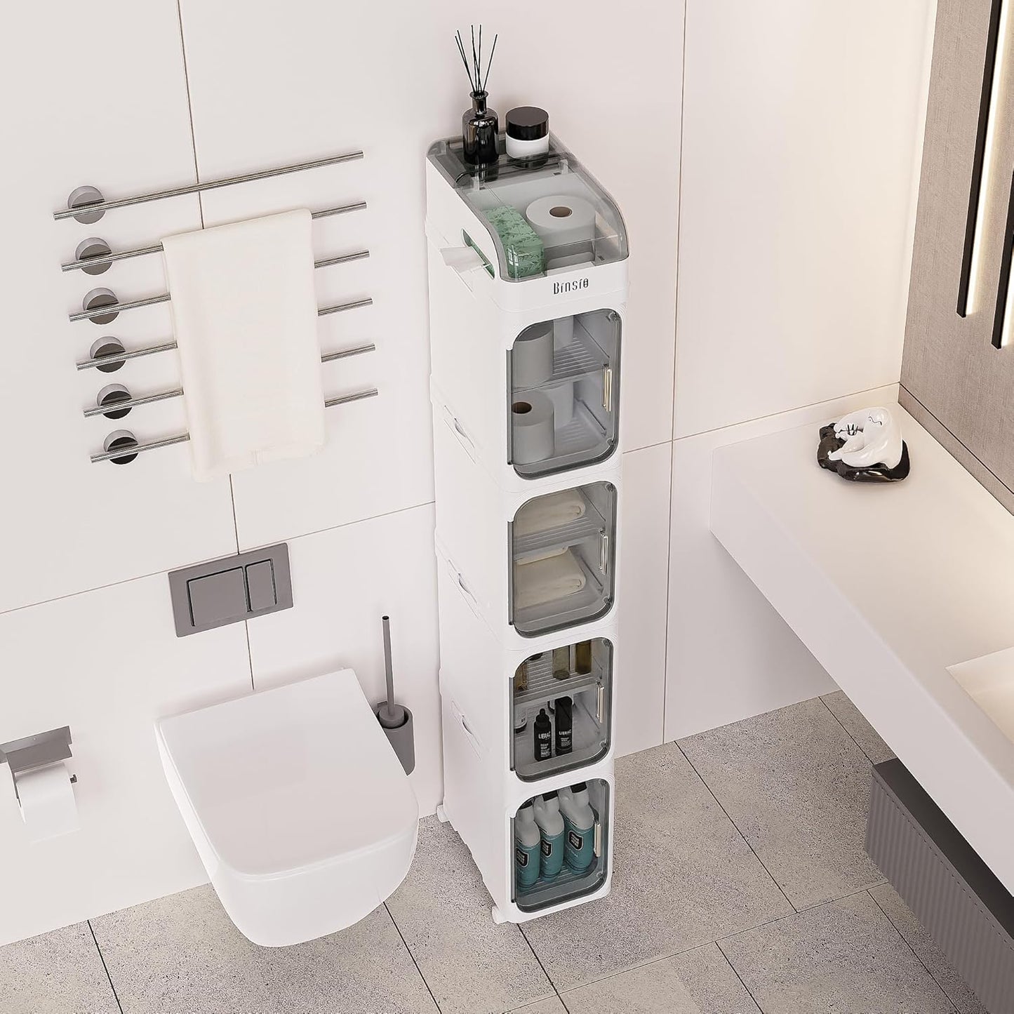 BINSIO 3-Tier Slim Bathroom Storage Cabinet for Toilet Side, Toilet Paper Storage Organizer, Narrow Rolling Bathroom Storage Cabinet with Transparent Doors for Small Space, Foldable Easy Assembly