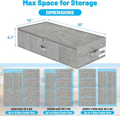 Under Bed Storage Container Bins 2 Pack, Low Profile Foldable Underbed Clothes Storage Organizer W/ Ultra Thick Fabric and Sturdy Bottom/Sides, Dual Zipper Storage Box for Dorm and Home 30x16x6.7"