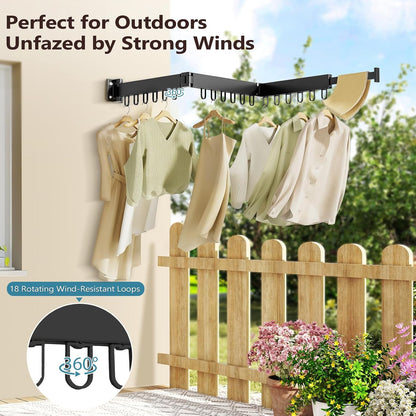 JAUREE Clothes Drying Rack Wall Mounted, Space-Saving Drying Rack Clothing, Collapsible Foldable Retractable Laundry Rack with 18 Hooks, Indoor/Outdoor, White