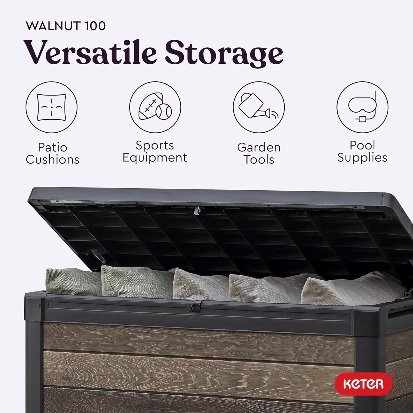 Keter Signature Everwood 30 Gallon Resin Outdoor Storage Box and Patio Furniture Side Table for Pool and Garden Accessories, Walnut