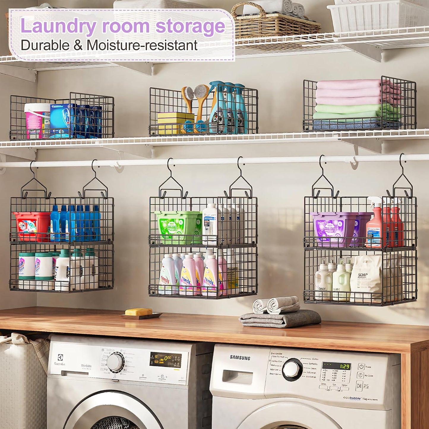 Yuyetuyo 5 Tier Closet Hanging Organizer and Storage Separable Hanging Closet Shelves with 4 Hooks 2 Adjustable Dividers, Wire Storage Basket Bins for Clothing Sweaters Socks Dolls Handbags, Foldable