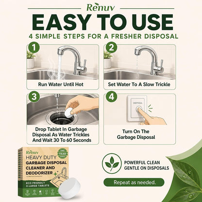 Renuv® Garbage Disposal Cleaner & Deodorizer Tablets, 12 XL Tablets | Foaming Citrus Scent, Drain Freshener, Kitchen Sink Odor Refresher For Garbage Disposer Cleaning