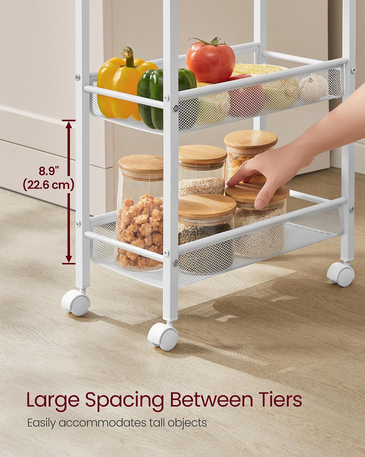 VASAGLE Slim Rolling Cart, 4-Tier Narrow Storage Cart with Handle, 5.1 Inches Deep, Metal Frame, for Kitchen, Dining Room, Living Room, Home Office, Rustic Brown and Classic Black ULRC032B01V1