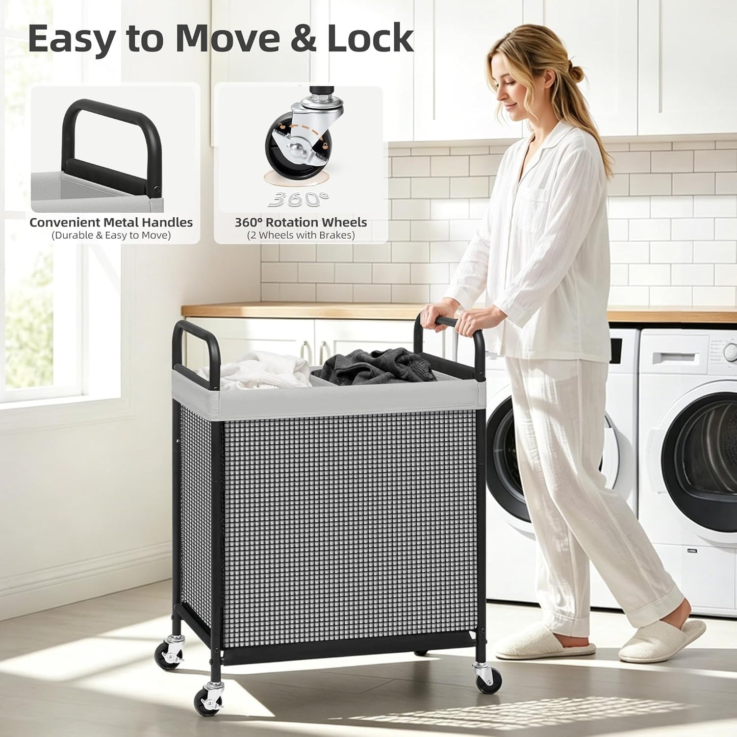 STORAGE MANIAC Rolling Laundry Hamper with Wheels 3-Section Laundry Sorter Rolling Laundrys Basket on Wheels with Removable Bag Clothes Hamper Laundrys Organizer Cart Bathroom Bedroom 120L Beige