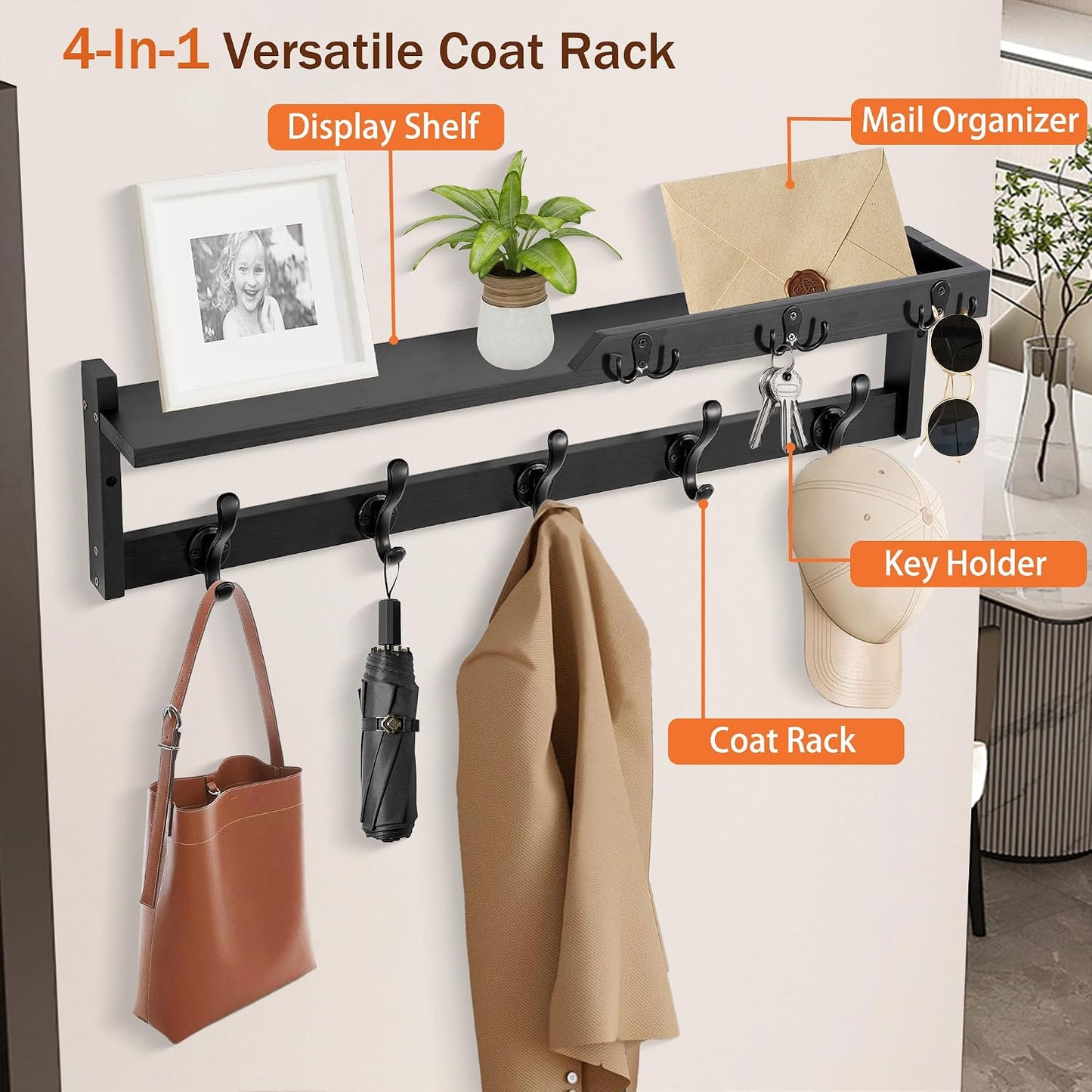 dreampossible Coat Rack Wall Mount with Shelf, Coat Hanger Wall Mount with Key Hooks and Mail Holder, Wood Entryway Floating Shelf with Hooks and Storage, Hat Rack for Wall Key Holder Mail Organizer