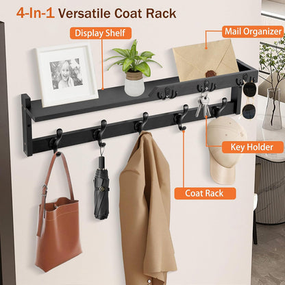 dreampossible Coat Rack Wall Mount with Shelf, Coat Hanger Wall Mount with Key Hooks and Mail Holder, Wood Entryway Floating Shelf with Hooks and Storage, Hat Rack for Wall Key Holder Mail Organizer