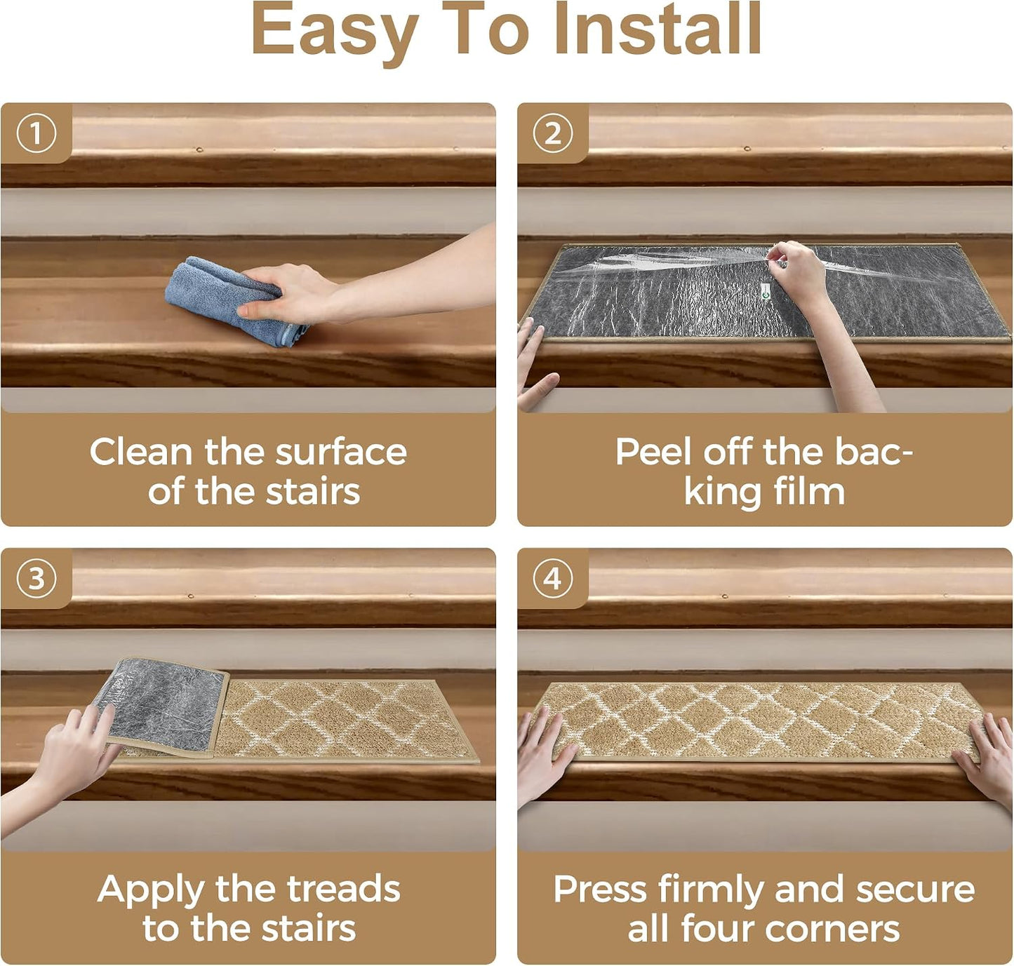 sarben Non Slip Stair Treads for Wooden Steps 15PCS - 8"x30" Indoor Safety Carpet, Edging Mats with TPE Adhesive Backing, Pet and Elderly Friendly Stair Rugs (Taupe) - Colors B