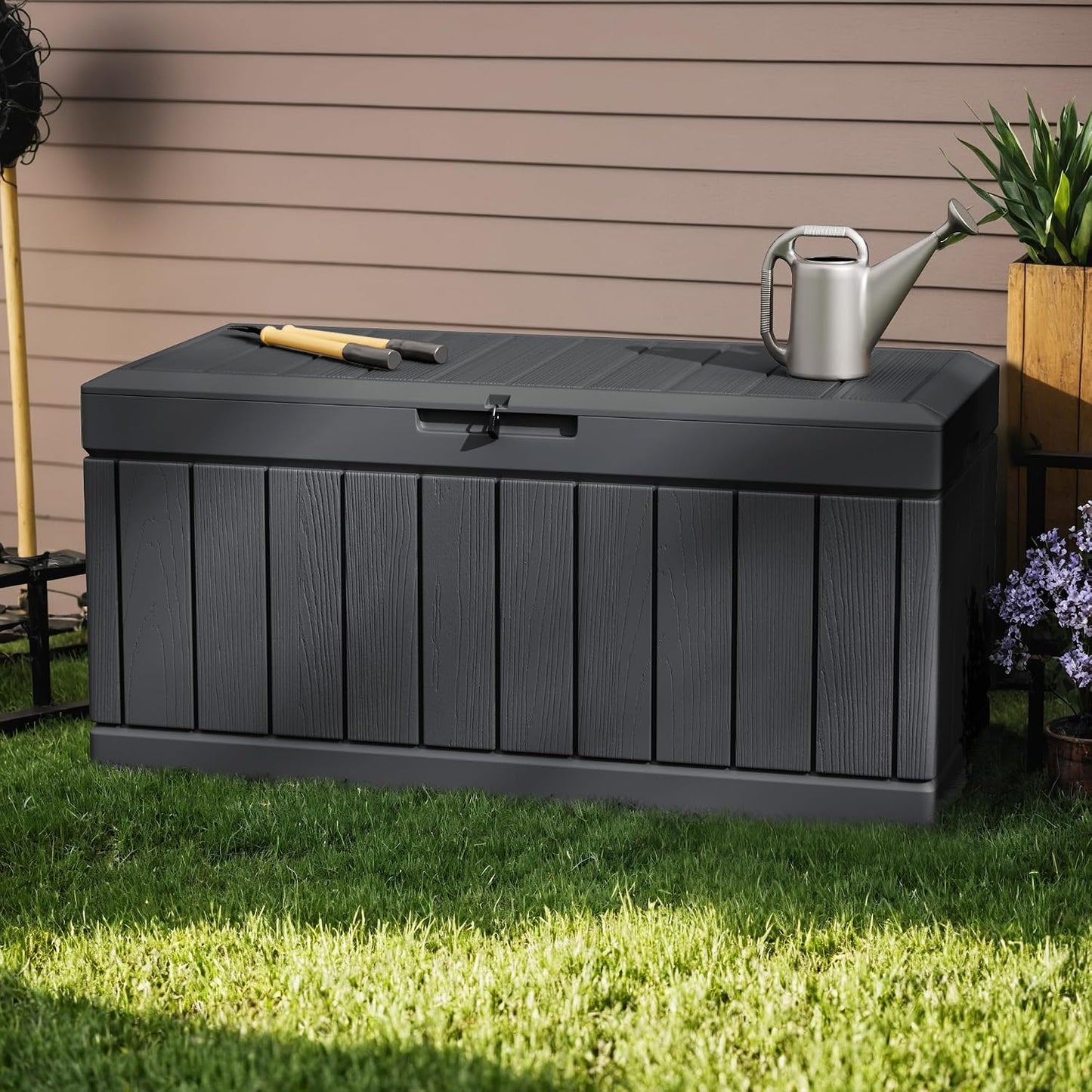 Greesum 110 Gallon Outdoor Storage Box with Lockable Lid, All-Weather for Patio Furniture, Pool Supplies & Garden Tools, Waterproof, UV-Resistant Large Deck Box, Dark Black