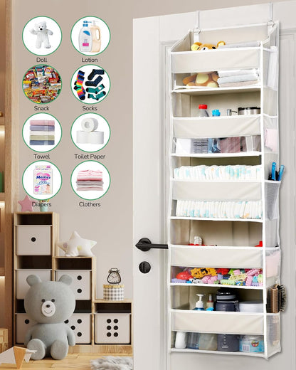 ULG Over the Door Organizer, 5-Tier Extra Large Hanging Storage with 10 Mesh Pockets, 100 lbs Capacity, Heavy Duty Door Organizer for Closet, Bedroom, Nursery Storage, Beige