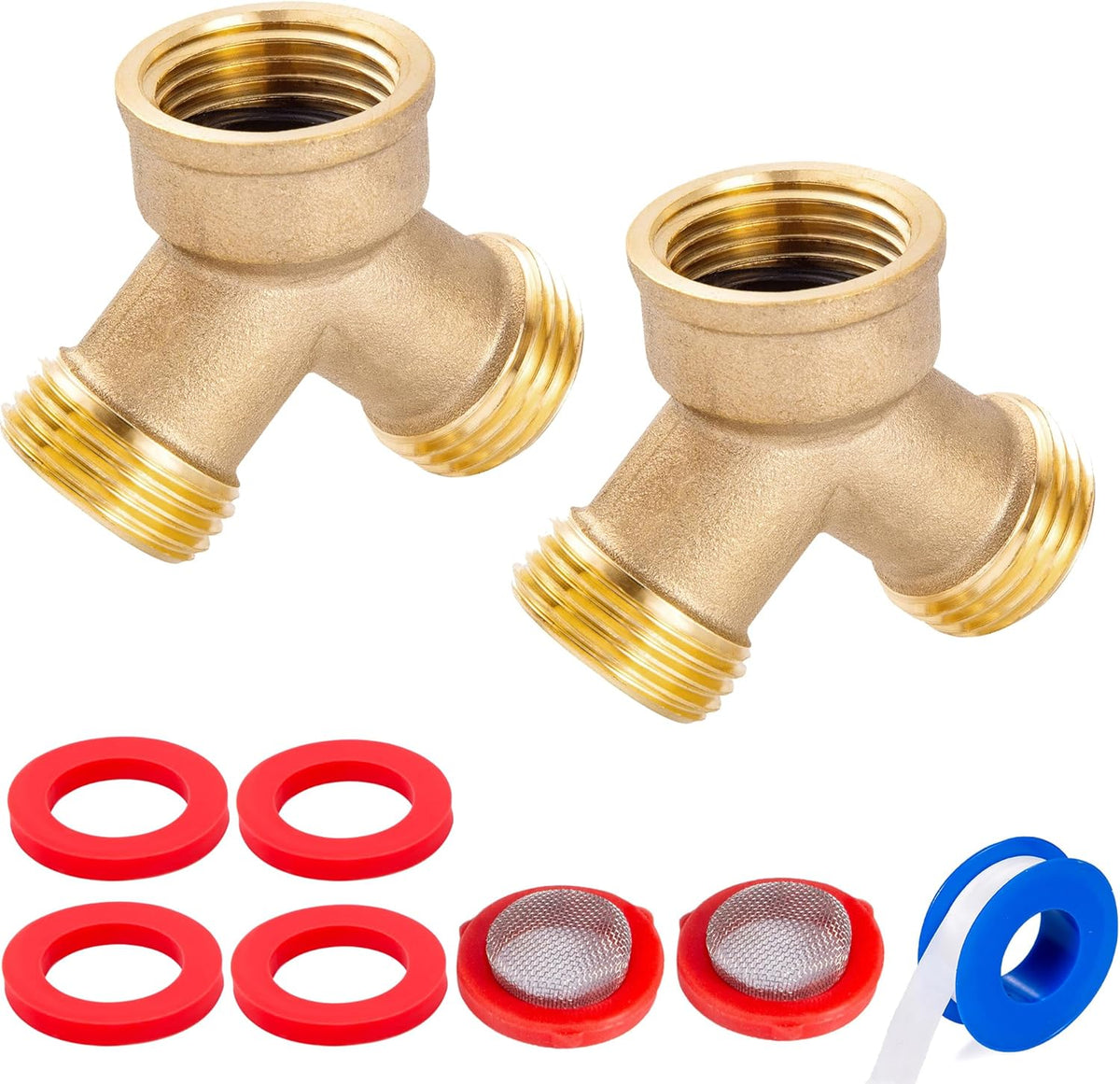 Solid Brass Lead-Free Body Backyard 2 Way Y Valve Garden Hose Connector MHT 3/4 Inch Thread Splitter Adapter,2 Silicone Hose Washers&1 Gasket with Screen&Teflon Tape