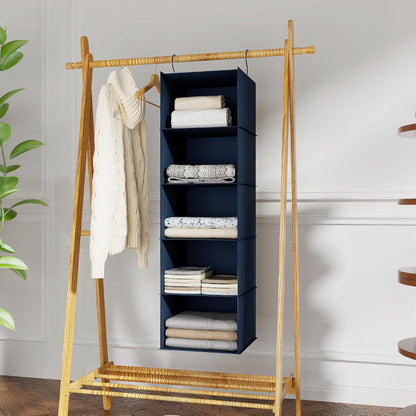 Hanging Closet Organizer 3-Shelf, Oxford Fabric Wardrobe Storage, Gray | Easy-mount foldable design holds clothes, handbags, shoes & accessories; washable Oxford fabric, sturdy and space-saving.