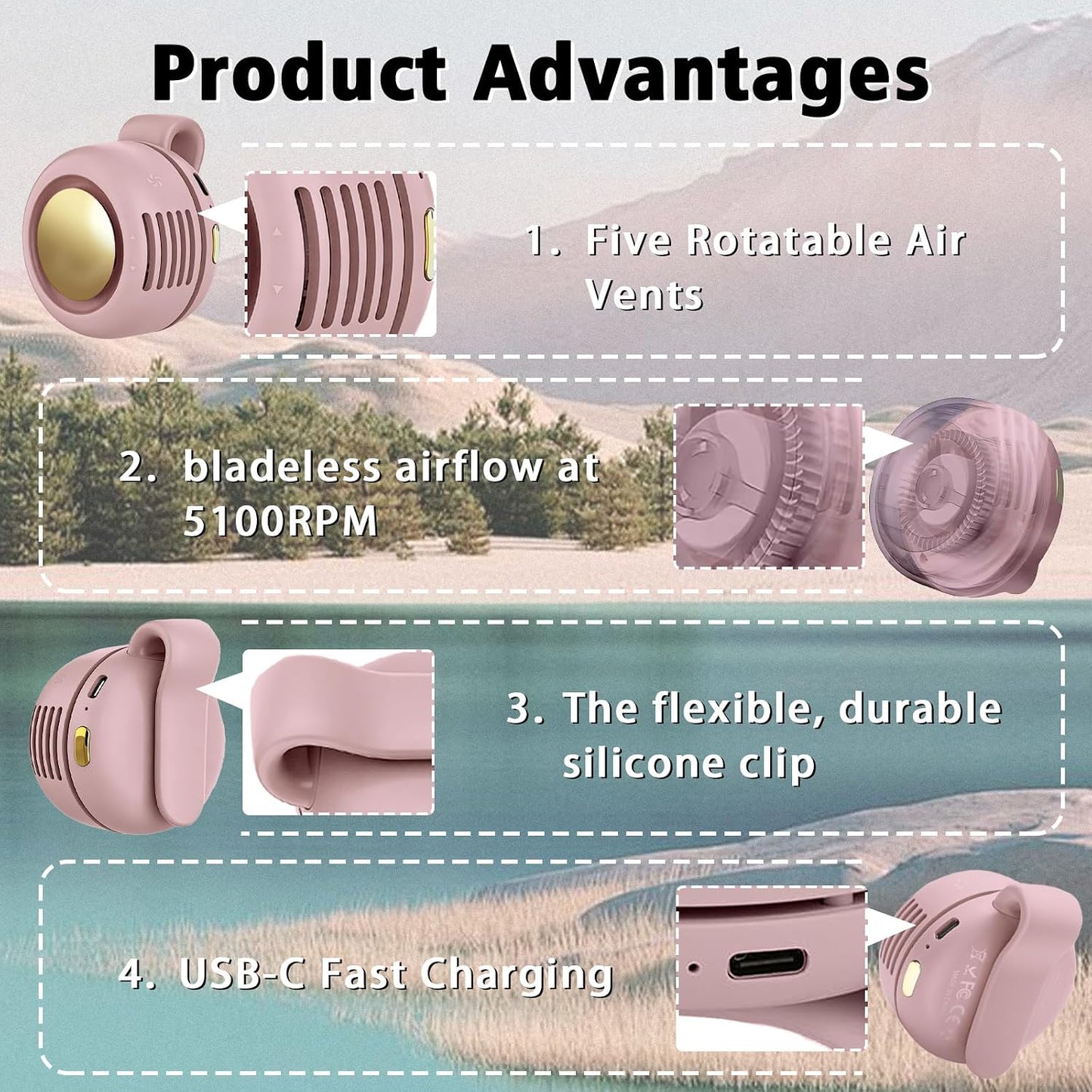 Portable Clip-On Fan, Mini USB Rechargeable 360° Rotatable Fan, Personal Fan 3-Speed Silent Mini Bladeless Fans