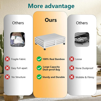 Wisuce 2 Packs Bamboo Under Bed Storage Organizer with Wheels White Small | 360° Lockable Wheels,120lbs Load Capacity, Multi-scene ,Dustproof Clear Storage Bag, Large Capacity,Easy Quick Assembly