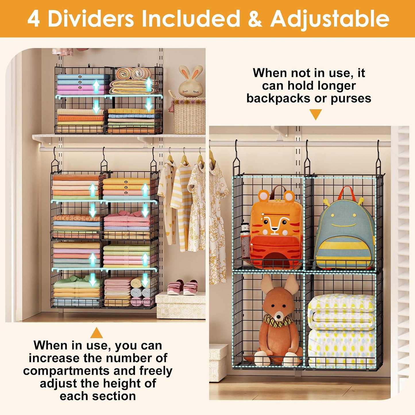 Hanging Closet Organizer with DIY Spacing, Double-Row Closet Hanging Shelves with 4 Adjustable Dividers & 6 Hooks, Heavy Duty Metal Closet Storage Organizer with Front Guard, Split into 2 Units