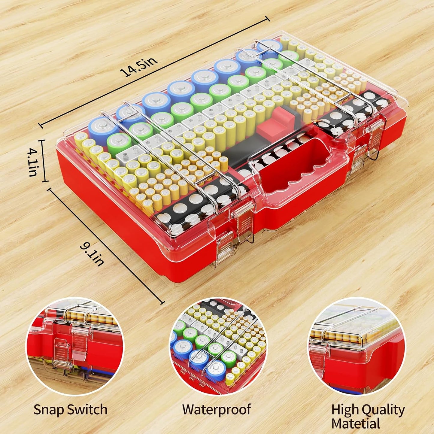 Narotood Battery Organizer Storage Holder Box Case with Tester, Ultra-Large 280+ Batteries Double-Sided Variety Pack,Holds AA AAA 4A C D Cell 9V 3V Lithium18650 LR44 CR2 CR123 CR1632 - Red