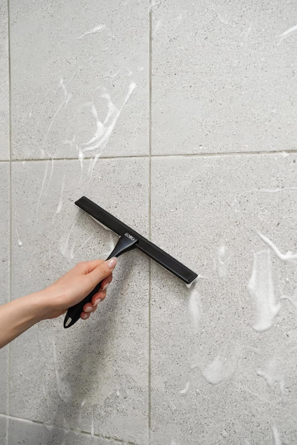 YUNIKO Shower Squeegee – Black Stainless Steel Shower squeegee with Silicone Blade for Shower Doors, Windows, Mirrors, Tiles & Car Windows – Includes 2 Adhesive Hooks, Assembly Tool & Microfiber Cloth