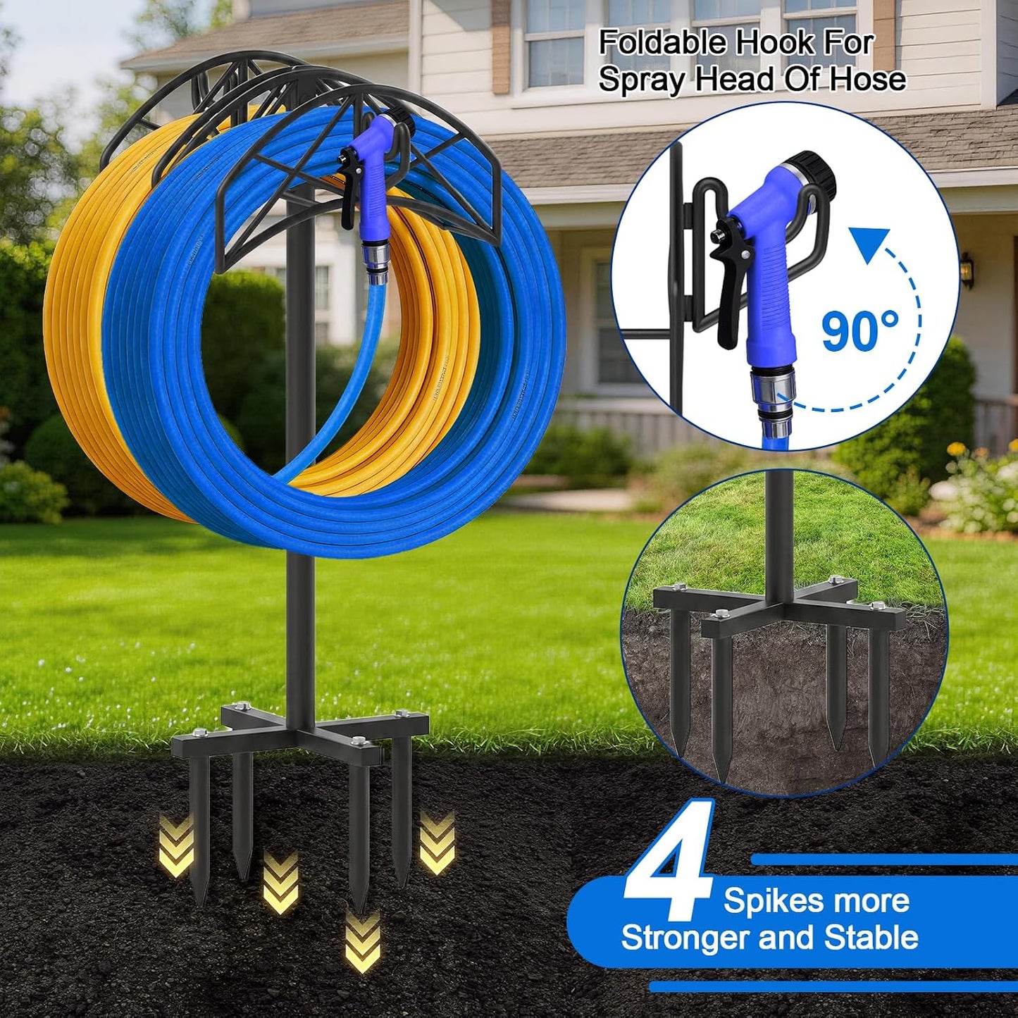 Garden Hose Holder Heavy Duty Water Hose Holder Holds 160 FT * 2 Hoses 4 Spikes Hose Reel Freestanding Hose Hanger Sturdy Hose Storage Stand with 90°Rotatable Hook for Outside Yard Lawn