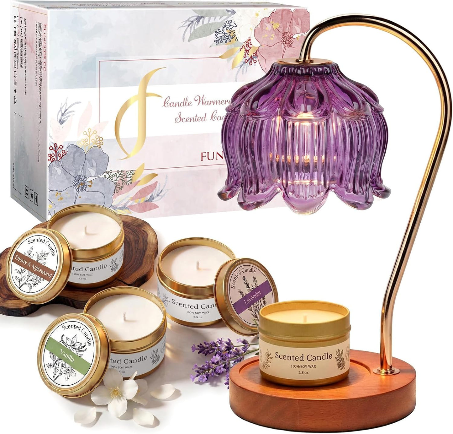 Funistree Flower Candle Warmer Lamp with Timer & Dimmer, Adjustable Height Candle Warmer, Christmas Birthday Gifts for Women Mom, House Warming New Home Decor, Wax Warmer with 2 Bulbs for Jar Candles