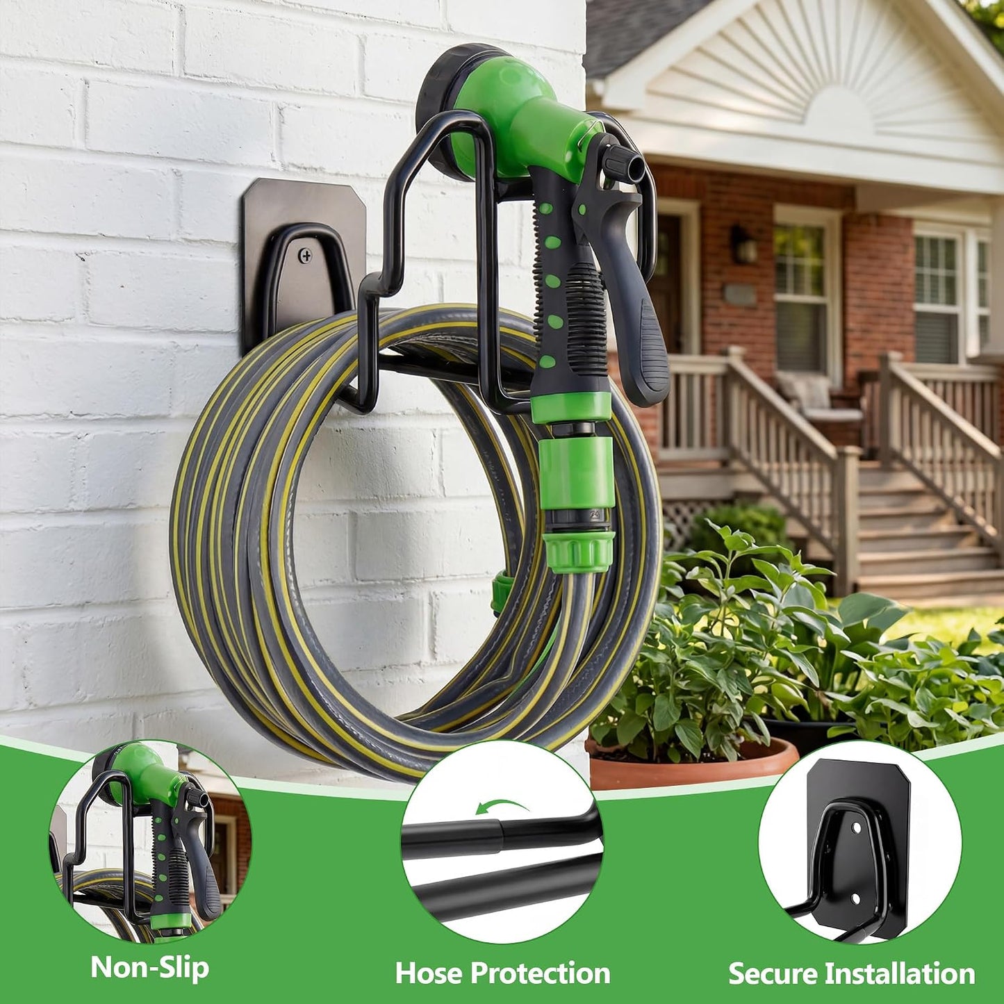 Heavy Duty Garden Hose Holder Wall Mount - Gloss Black Rust-Resistant Metal Hanger with Nozzle Slot, PVC Coated for Indoor/Outdoor Use