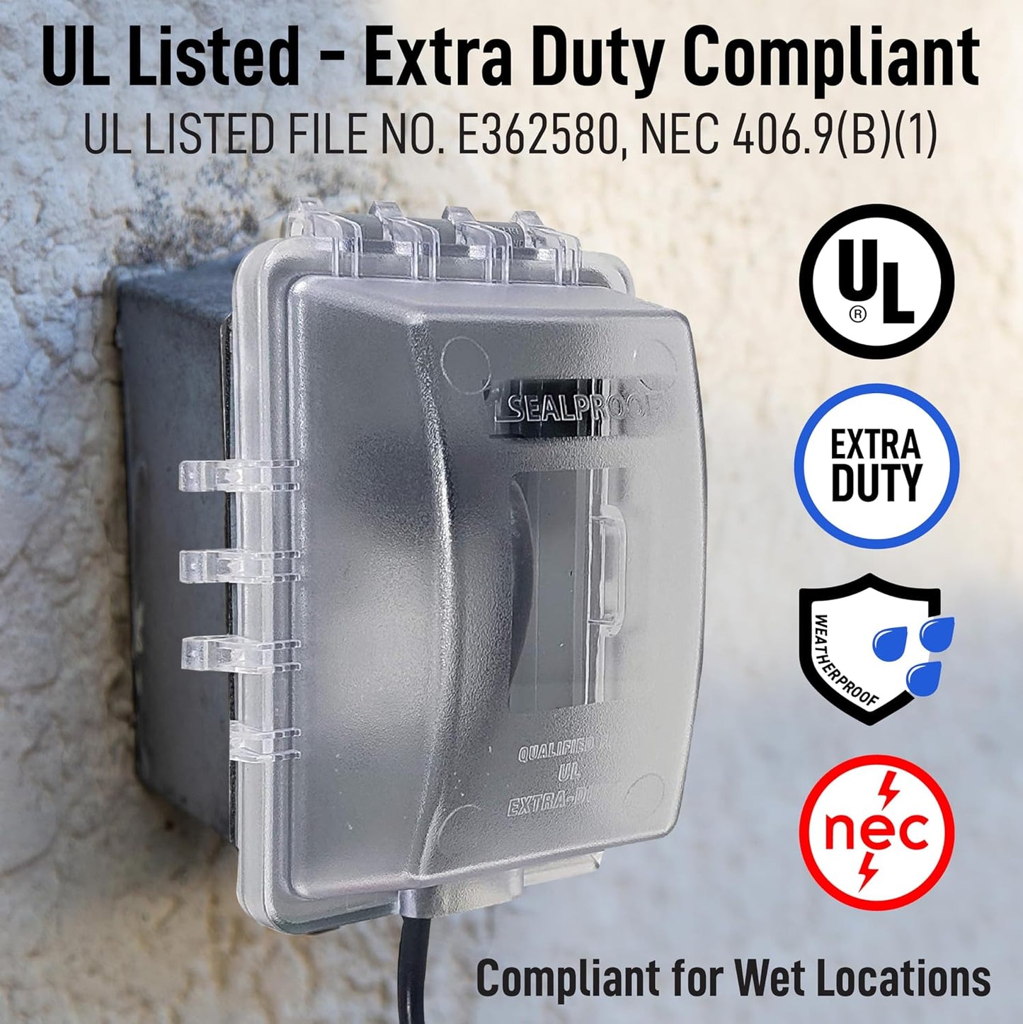 Sealproof 1-Gang Extra Deep Weatherproof in Use Outdoor Duplex Outlet Cover with Box Kit, Lockable, UL Extra Duty Compliant, 18 Configurations
