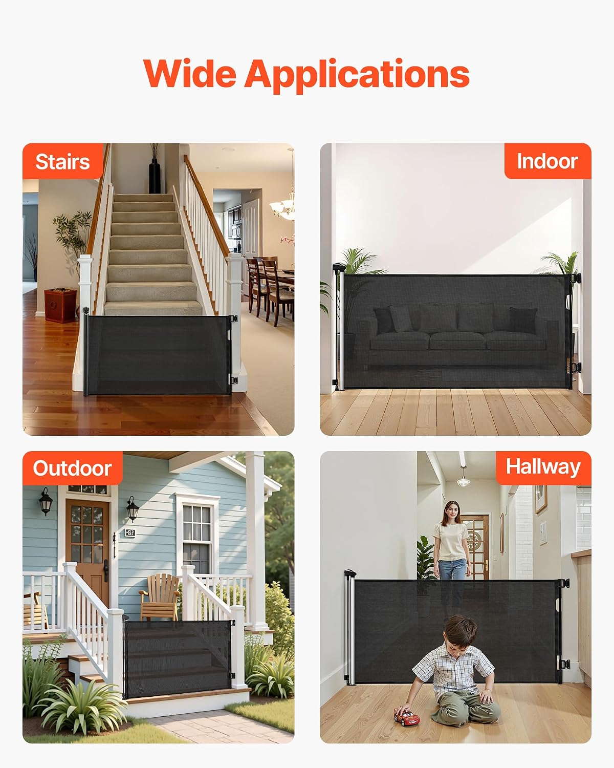 VEVOR Retractable Baby Gate, Extends to 202.7 inch Extra Wide, 39 inch Tall, with Reinforced Fiberglass Strips, Avoids Crawling Through, Mesh Dog Gate for Decks, Doorways, Garages, Indoor, Black