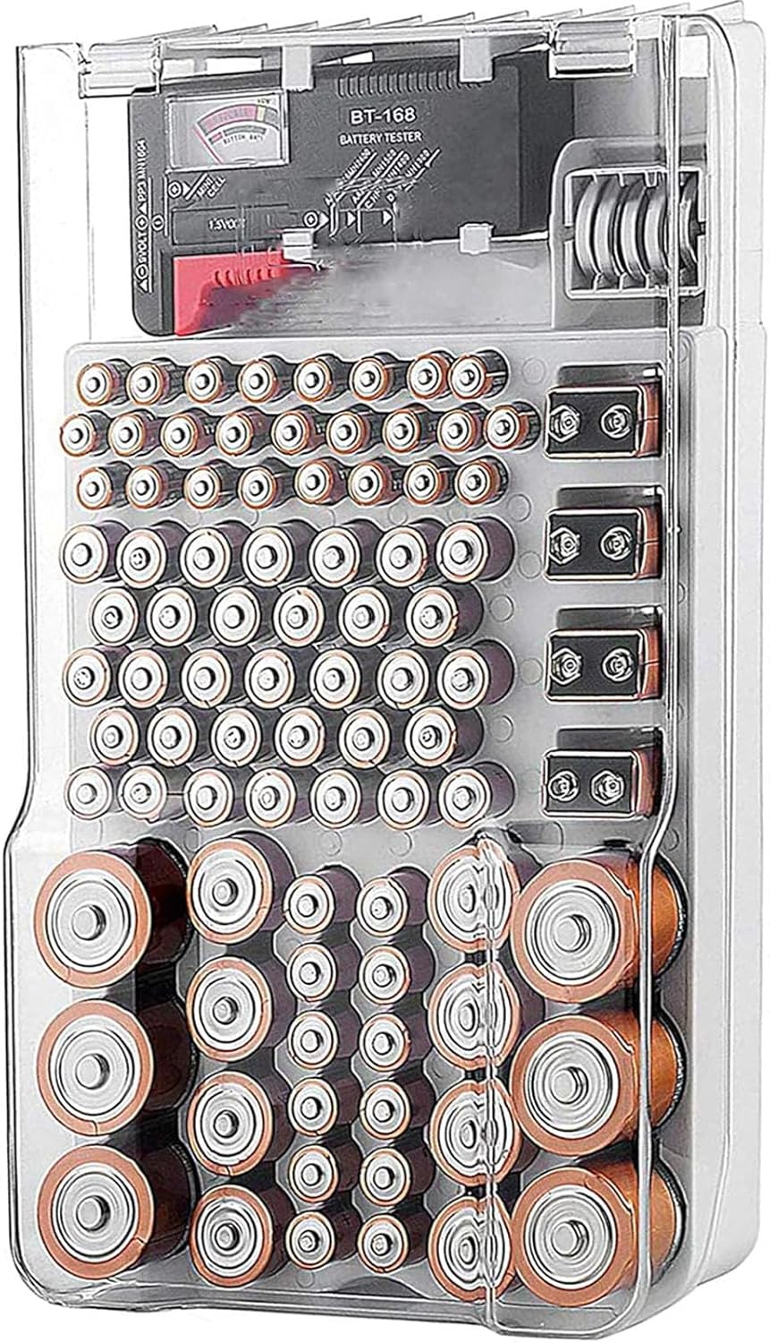 Battery Organizer Storage Box with Tester,Clear Lid Battery Organizer Storage Case Holder Holds 93 Batteries Battery Storage Box Battery Carrying Case（Batteries are Not Included）