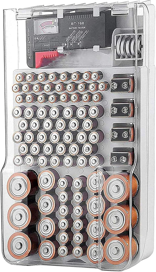Battery Organizer Storage Box with Tester,Clear Lid Battery Organizer Storage Case Holder Holds 93 Batteries Battery Storage Box Battery Carrying Case（Batteries are Not Included）