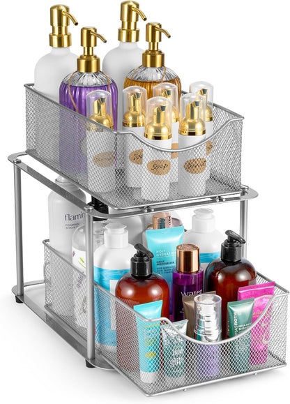 Sorbus 2 Tier Metal Under Sink Organizer for Bathroom, Kitchen, Strong Steel Mesh Sliding Drawers for Under Sink, Under Cabinet, Closet, Kitchen, Pantry, Bathroom Organizers and Storage (Black)