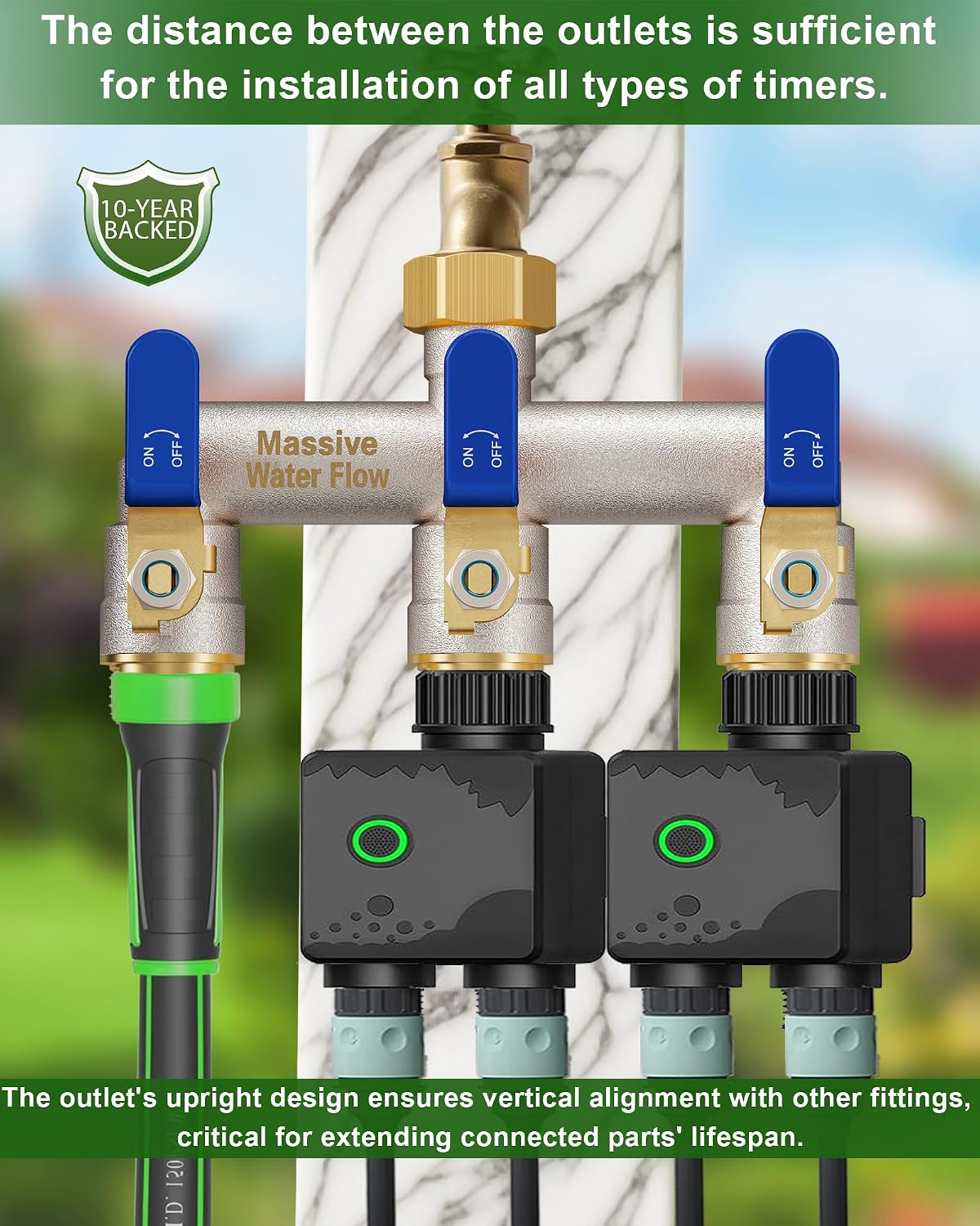 Garden Hose Splitter 3 Way Heavy Duty Brass Nickel Plated Hose Splitter with Large Handle, Full Flow Water Hose Spigot Splitter with Shutoff Valve, T Adapter Connector, 3/4 - Inch GHT Thread（Green）